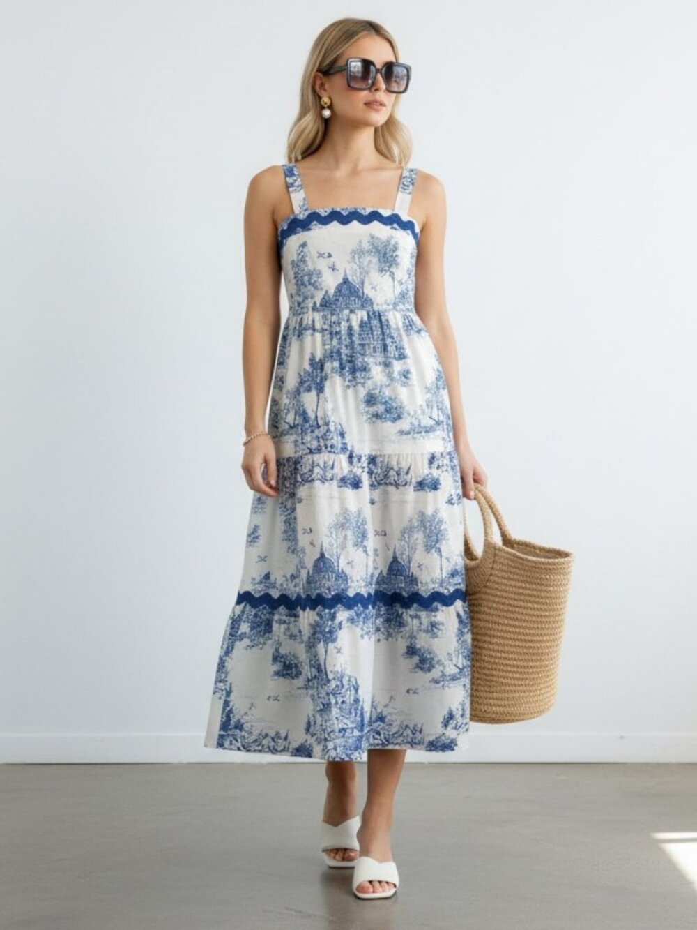 Umgee NWT Blue Toile Midi Dress Ric Rac Trim Cotton Womens S